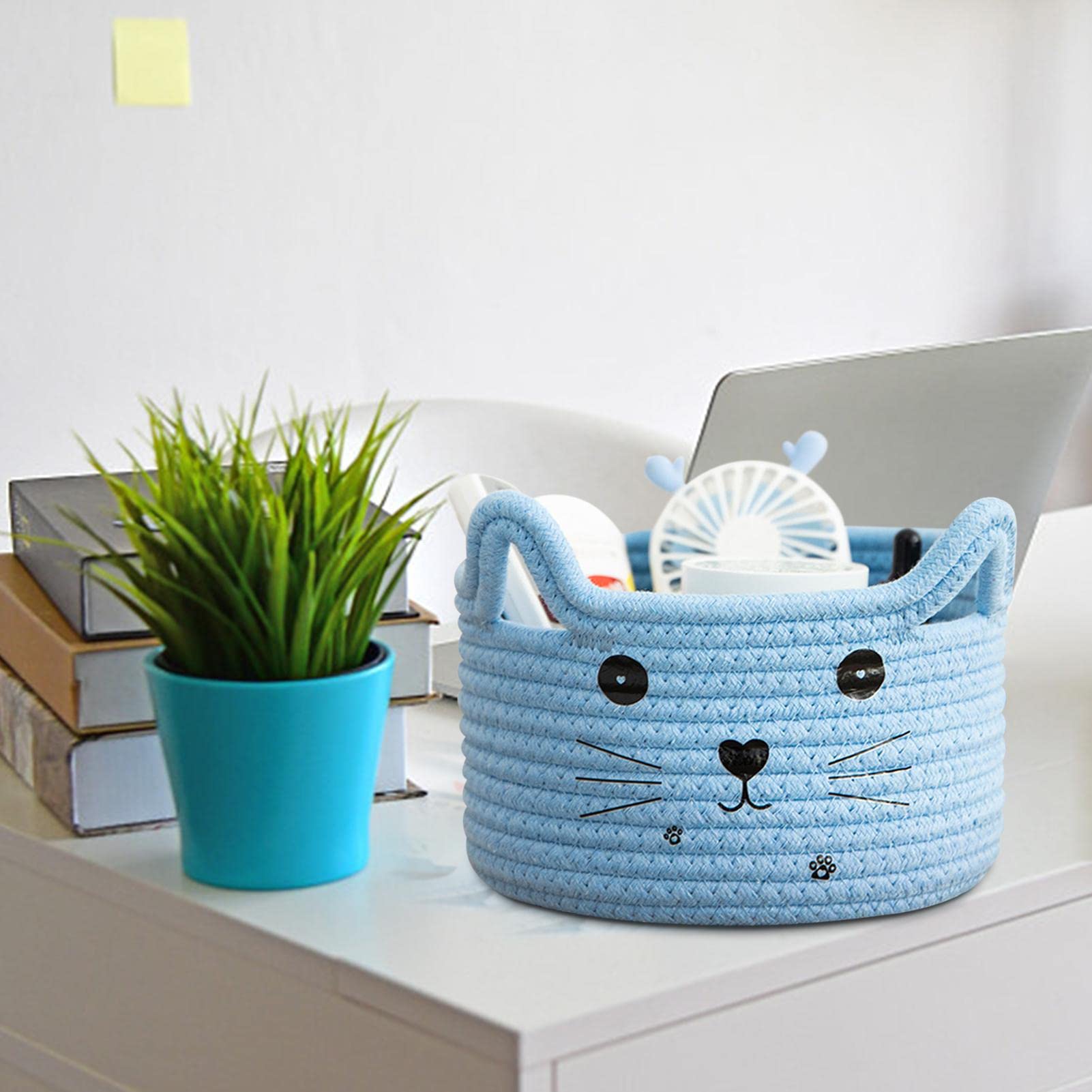 Baby Easter Basket, Cat Ear Cotton Woven Desktop Storage Basket, Cotton Rope Basket, Egg Hunt Bunny Baskets for Kids with Cute Rabbit Ears, Decorative Pet Cotton Rope Storage Basket