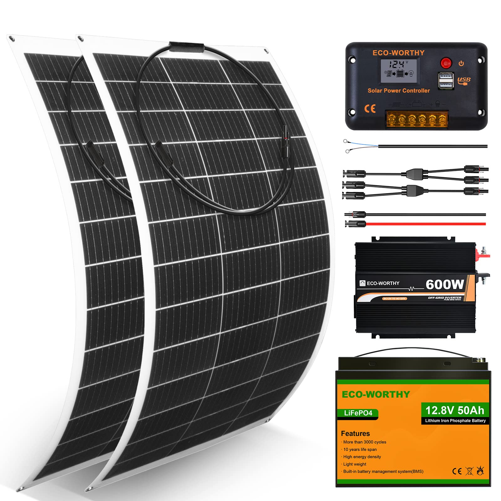 ECO-WORTHY 260 Watt 12V Flexible Complete Solar Panel Starter Kit for RV Off Grid with Battery and Inverter: 2pcs 130W Solar Panel + 30A Charge Controller + 50Ah Lithium Battery + 600W Solar Inverter