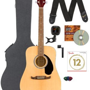 Fender FA-125 Dreadnought Guitar - Natural Bundle with Hard Case, Tuner, Strap, Strings, String Winder, Picks, and Austin Bazaar Instructional DVD