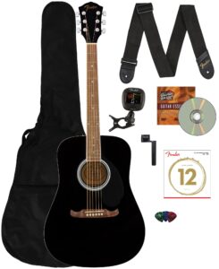 fender fa-125 dreadnought guitar - black bundle with gig bag, tuner, strap, strings, string winder, picks, and austin bazaar instructional dvd