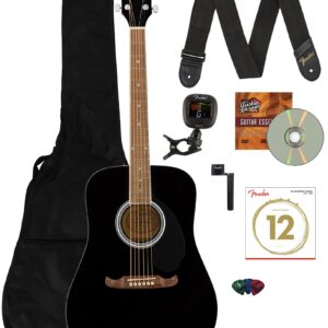 Fender FA-125 Dreadnought Guitar - Black Bundle with Gig Bag, Tuner, Strap, Strings, String Winder, Picks, and Austin Bazaar Instructional DVD