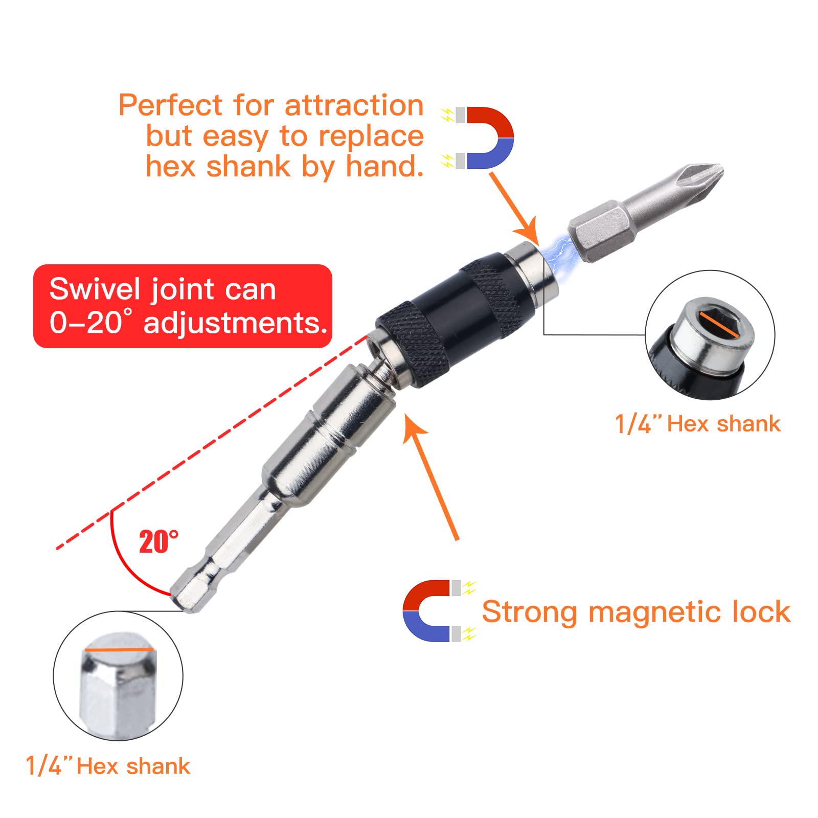 3 Packs Magnetic Swiveling Bit Tip Holder, 1/4'' Magnetic Rotary Drill Holder, Flexible Pivot Bit Holder - 20 Degree Bendable Magnetic Swivel Bit Holder by Jake Secer for Tight Spaces