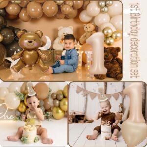 Teddy Bear 1st Birthday Decorations for Boys, SCMDOTI First Birthday Decoration Boy Girl,Brown Beige Gold Balloon Garland with Teddy Bear Backdrop,FoilBalloon,Birthday Banner for Baby boy 1st Birthday