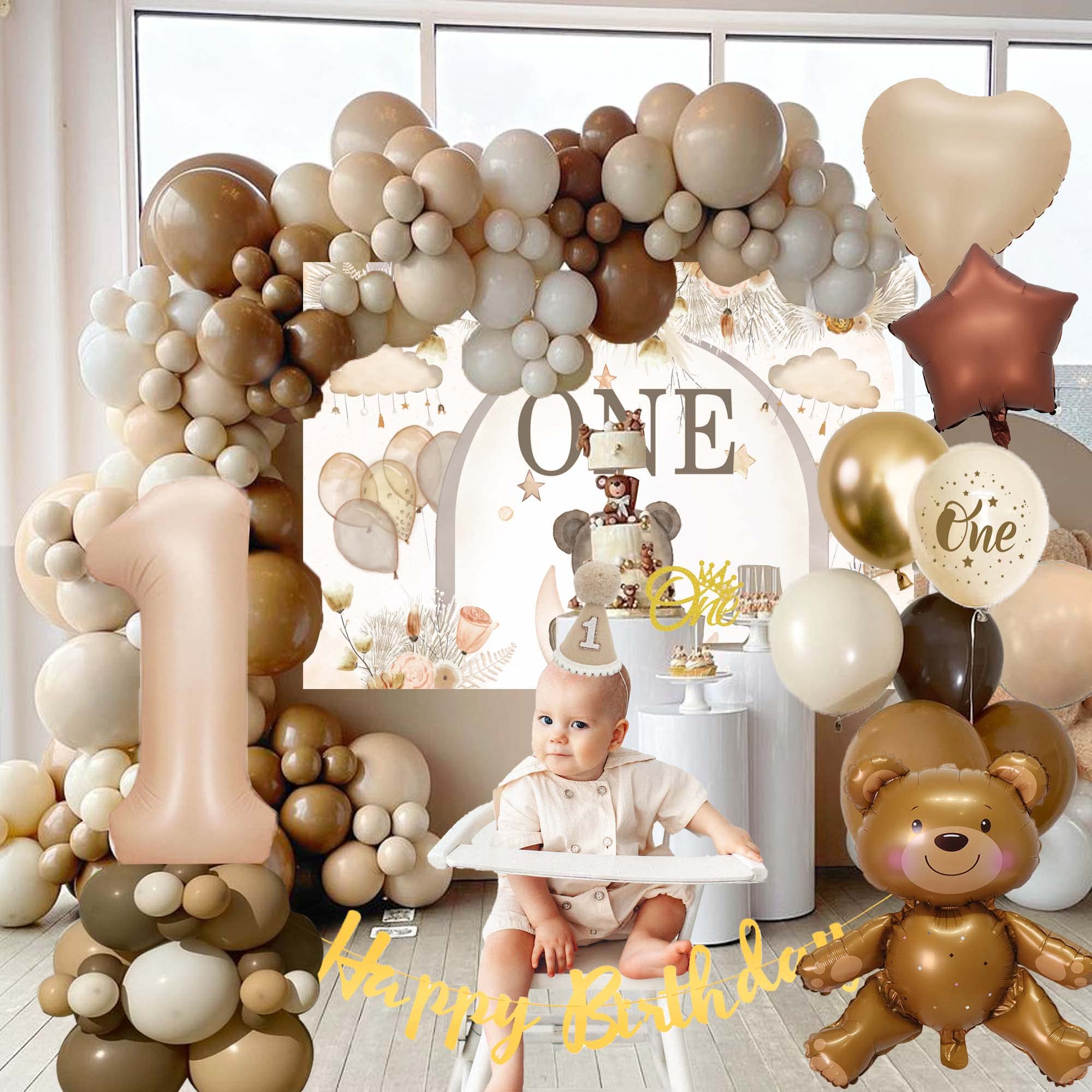 Teddy Bear 1st Birthday Decorations for Boys, SCMDOTI First Birthday Decoration Boy Girl,Brown Beige Gold Balloon Garland with Teddy Bear Backdrop,FoilBalloon,Birthday Banner for Baby boy 1st Birthday