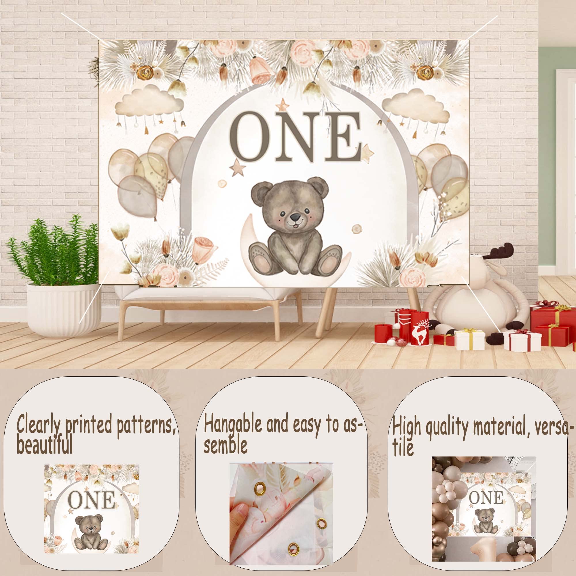 Teddy Bear 1st Birthday Decorations for Boys, SCMDOTI First Birthday Decoration Boy Girl,Brown Beige Gold Balloon Garland with Teddy Bear Backdrop,FoilBalloon,Birthday Banner for Baby boy 1st Birthday