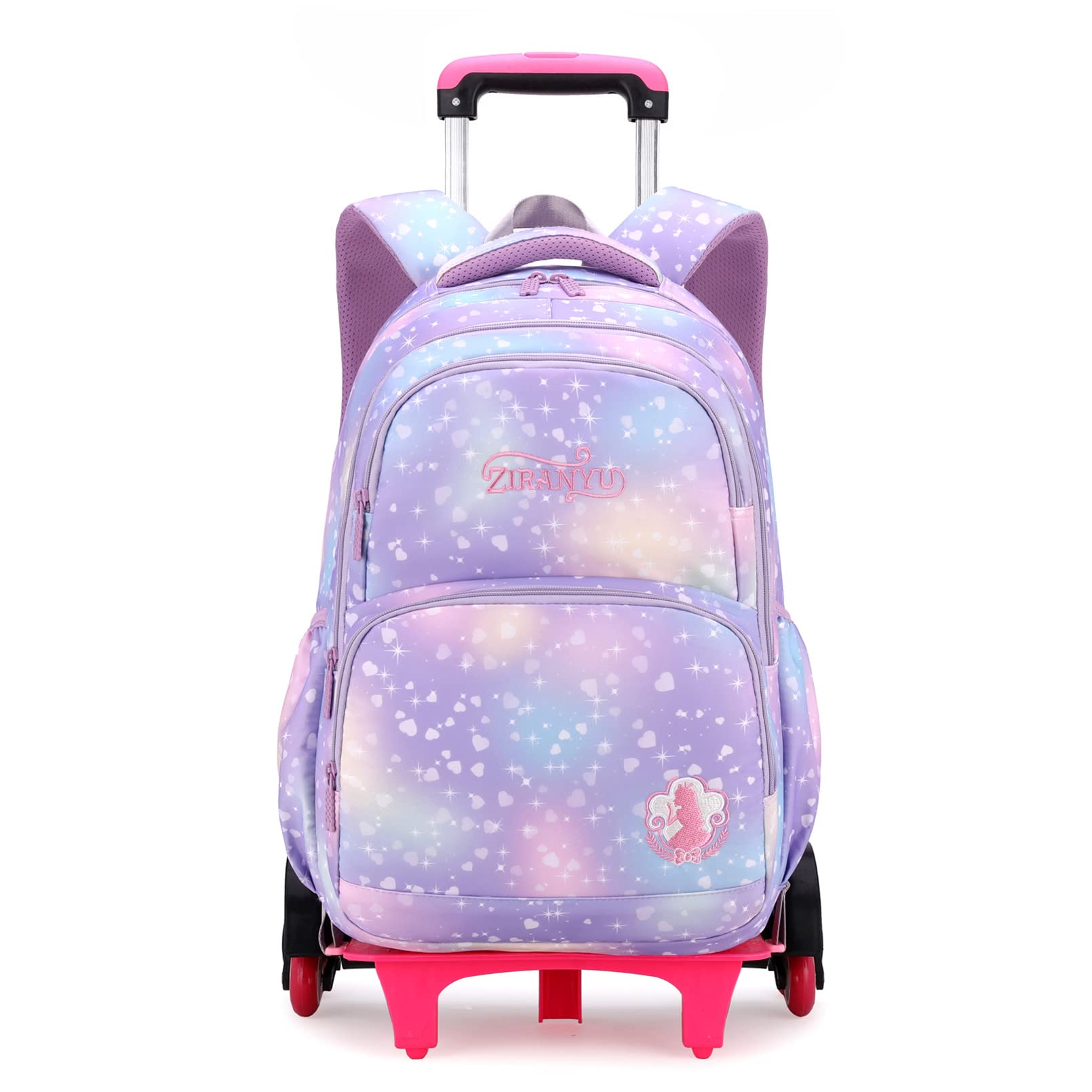 YJMKOI Colorful Heart Print Rolling Backpack for Girls Elementary Trolley Bookbag Primary School Bag with Wheels