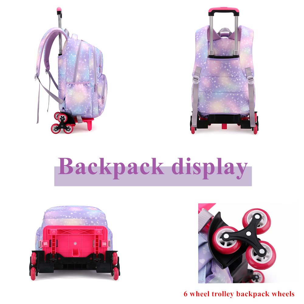 YJMKOI Colorful Heart Print Rolling Backpack for Girls Elementary Trolley Bookbag Primary School Bag with Wheels