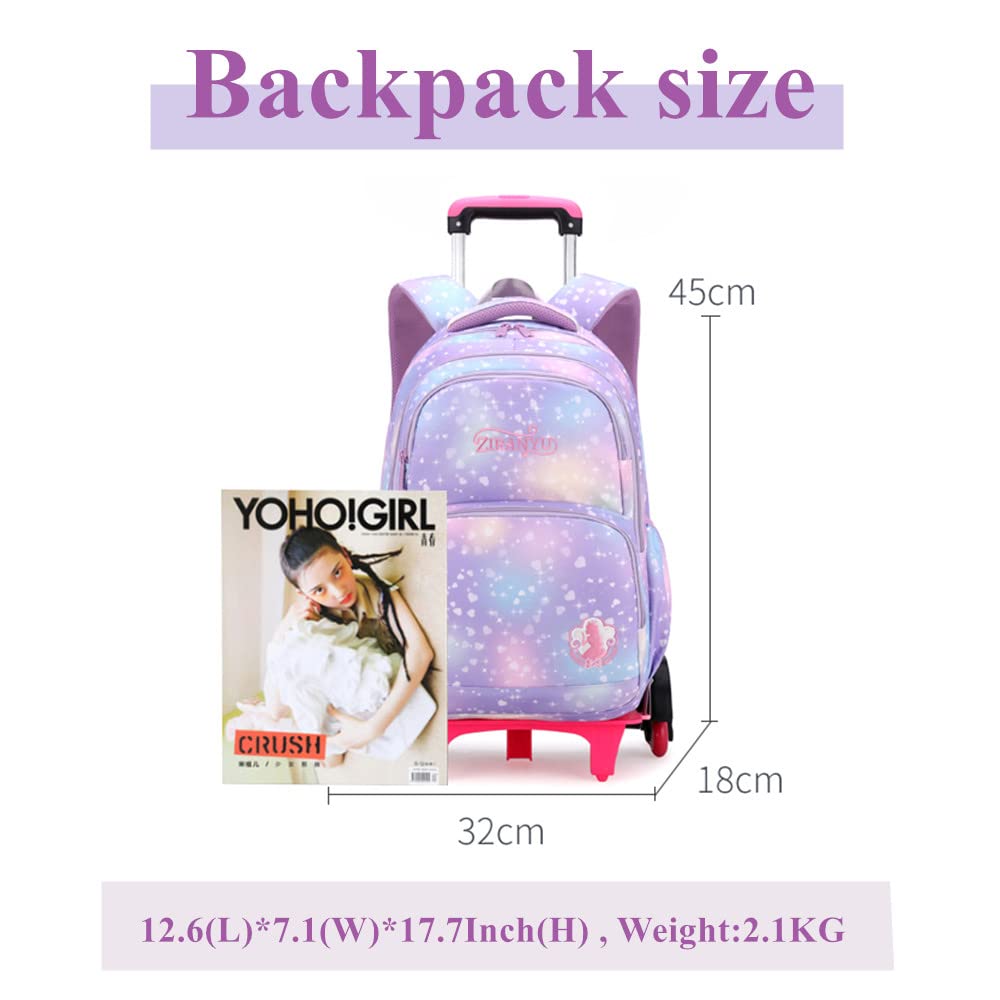 YJMKOI Colorful Heart Print Rolling Backpack for Girls Elementary Trolley Bookbag Primary School Bag with Wheels