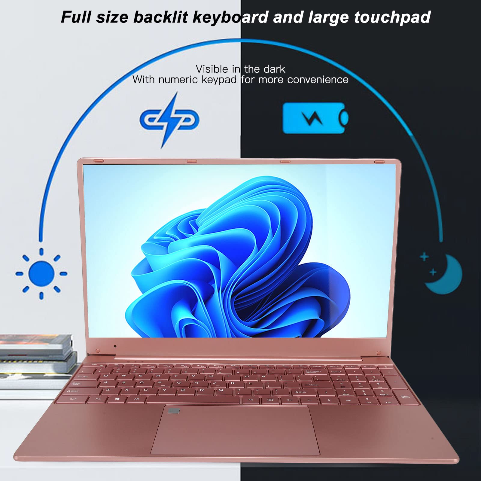 Tangxi 15.6in WIN10 Laptop,2K IPS Screen 2.4G 5G WiFi Laptop Computers with Fingerprint Unlock,Backlight Keyboard,12GB RAM 1TB ROM,7000mAh Battery,Rose Gold