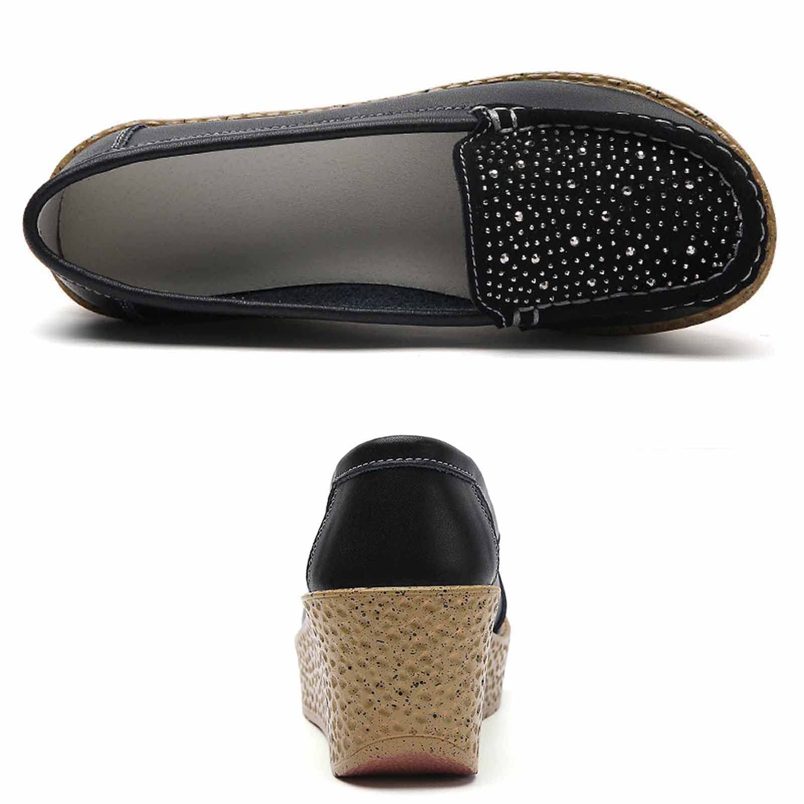 Women's Platform Wedge Slip-On Loafers,Rhinestone Comfortable Walking Shoes,Genuine Leather Fashion Wedge Sneakers (Black,7)