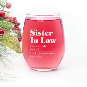 HTDesigns Sister In Law Normal But Cooler Stemless Wine Glass - Sister In Law Gift - Sister In Law Wine Glass