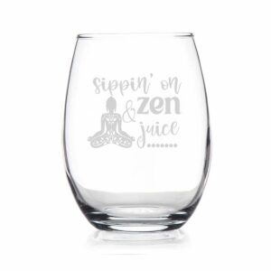 htdesigns sippin on zen and juice yoga stemless wine glass - yoga gift namaste - gift for relaxation - pun gift - wine lover her mother
