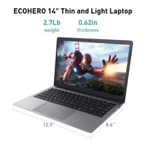 ECOHERO 2024 Laptop Computer, Intel J4005 Processor (Up to 2.7GHz), 12GB DDR4 RAM/256GB SSD, 14 Inch FHD 1920x1080 Display, Windows 11 Laptops Computers, Privacy Camera, Silver