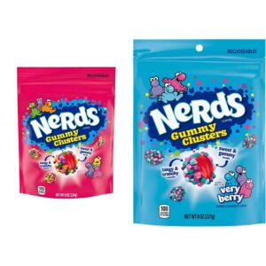 bundle of nerds gummy clusters candy, rainbow, very berry, resealable 8 ounce bags (pack of 2)