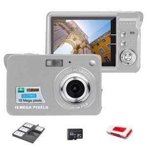 acuvar 18mp megapixel digital camera kit with 2.7" lcd screen, rechargeable battery, 32gb sd card, card holder, card reader, hd photo & video for indoor, outdoor photography for adults, kids (silver)