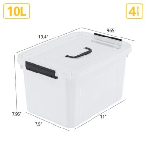 Parlynies 4-Pack 10 L Plastic Latching Box with Handle, Clear Storage Containers Box for Organizing