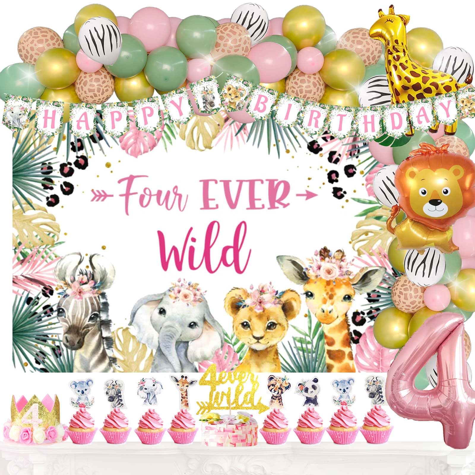 Fiesec Four Ever Wild Birthday Decorations Girl, Jungle Safari Animal Theme 4th Party Decorations Backdrop Balloons Garland Banner Cake Cupcake Topper Poster Crown Lion Cheetah Giraffe Pink 117 PCs