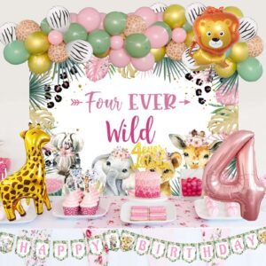 Fiesec Four Ever Wild Birthday Decorations Girl, Jungle Safari Animal Theme 4th Party Decorations Backdrop Balloons Garland Banner Cake Cupcake Topper Poster Crown Lion Cheetah Giraffe Pink 117 PCs