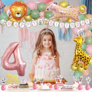 Fiesec Four Ever Wild Birthday Decorations Girl, Jungle Safari Animal Theme 4th Party Decorations Backdrop Balloons Garland Banner Cake Cupcake Topper Poster Crown Lion Cheetah Giraffe Pink 117 PCs