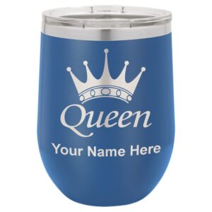 lasergram double wall stainless steel wine glass tumbler, queen crown, personalized engraving included (dark blue)