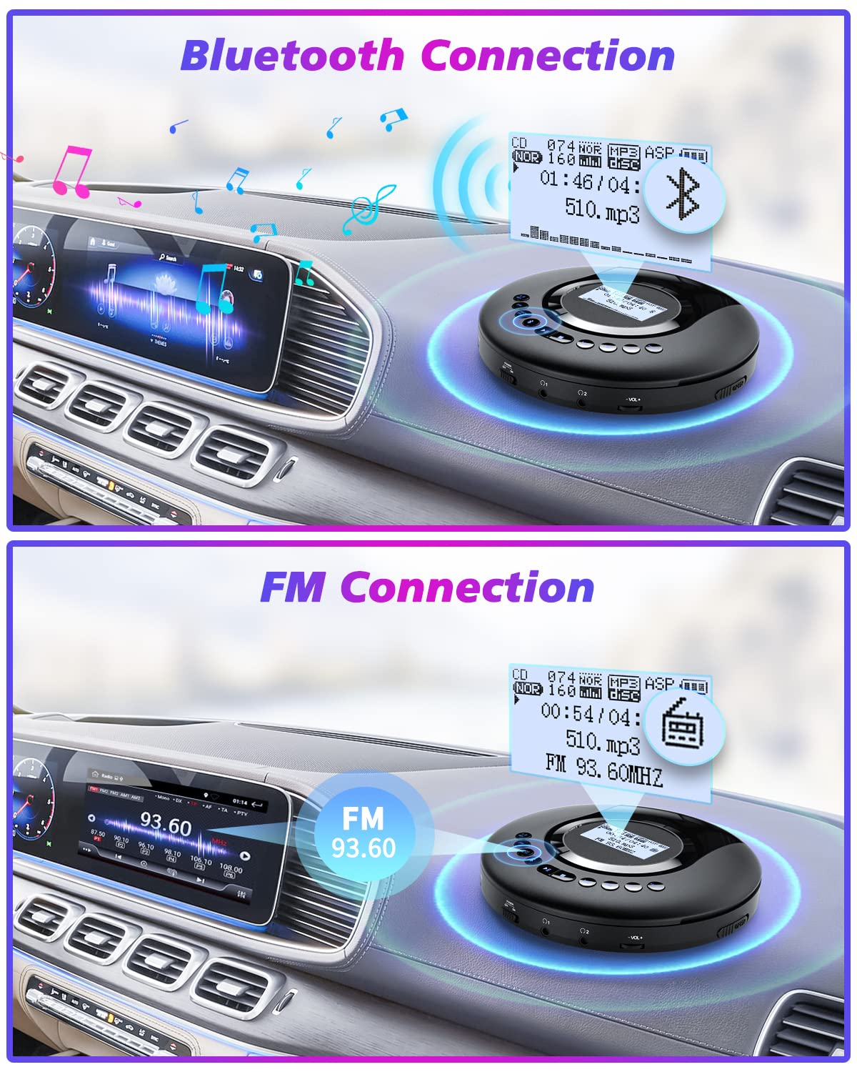 CD Player Portable ARAFUNA, Portable CD Player Bluetooth with FM Radio, 2000mAh Rechargeable CD Player for Car with LCD Screen, Anti Shock Protection Walkman CD Player with Headphone, AUX Cable