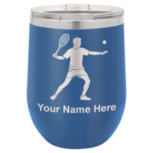 lasergram double wall stainless steel wine glass tumbler, tennis player man, personalized engraving included (dark blue)