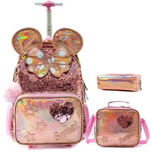 zbaogtw rolling backpack for girls backpack with wheels lunch box and pencil bag adjustable length sequins wheeled backpack for school travel picnic