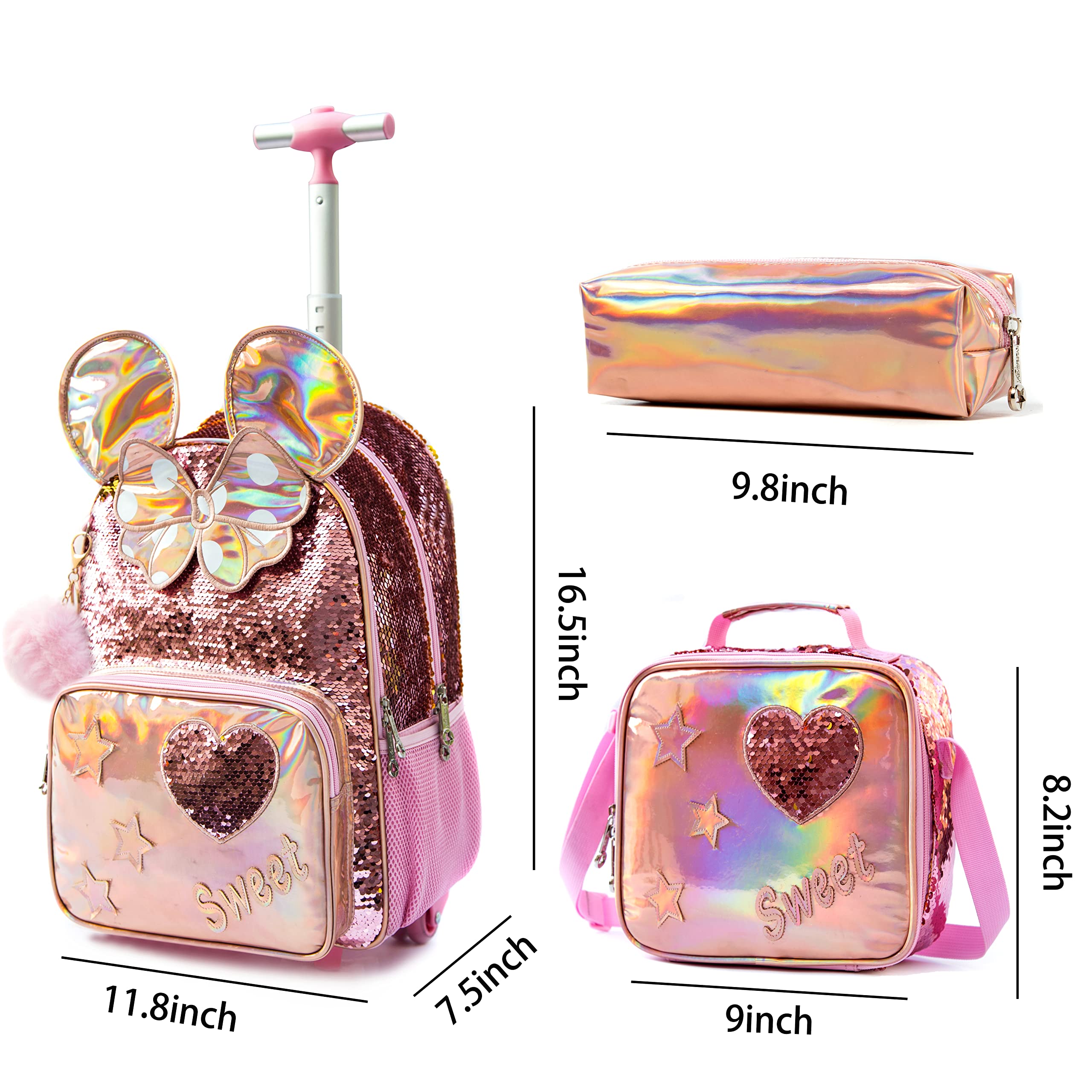 ZBAOGTW Rolling Backpack for Girls Backpack with Wheels Lunch Box and Pencil Bag Adjustable Length Sequins Wheeled Backpack for School Travel Picnic