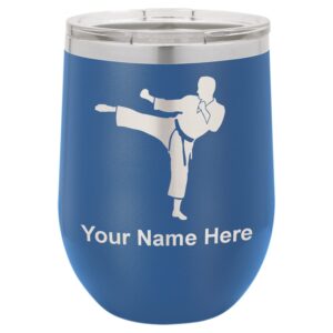 lasergram double wall stainless steel wine glass tumbler, karate man, personalized engraving included (dark blue)