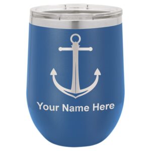 lasergram double wall stainless steel wine glass tumbler, boat anchor, personalized engraving included (dark blue)