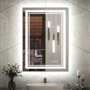 tokeshimi led bathroom mirror 20x28 inch lighted mirrors frontlit & backlit, anti-fog 3 colors vanity led mirror for bathroom wall decor, frameless, double light strips, stepless dimmable, memory
