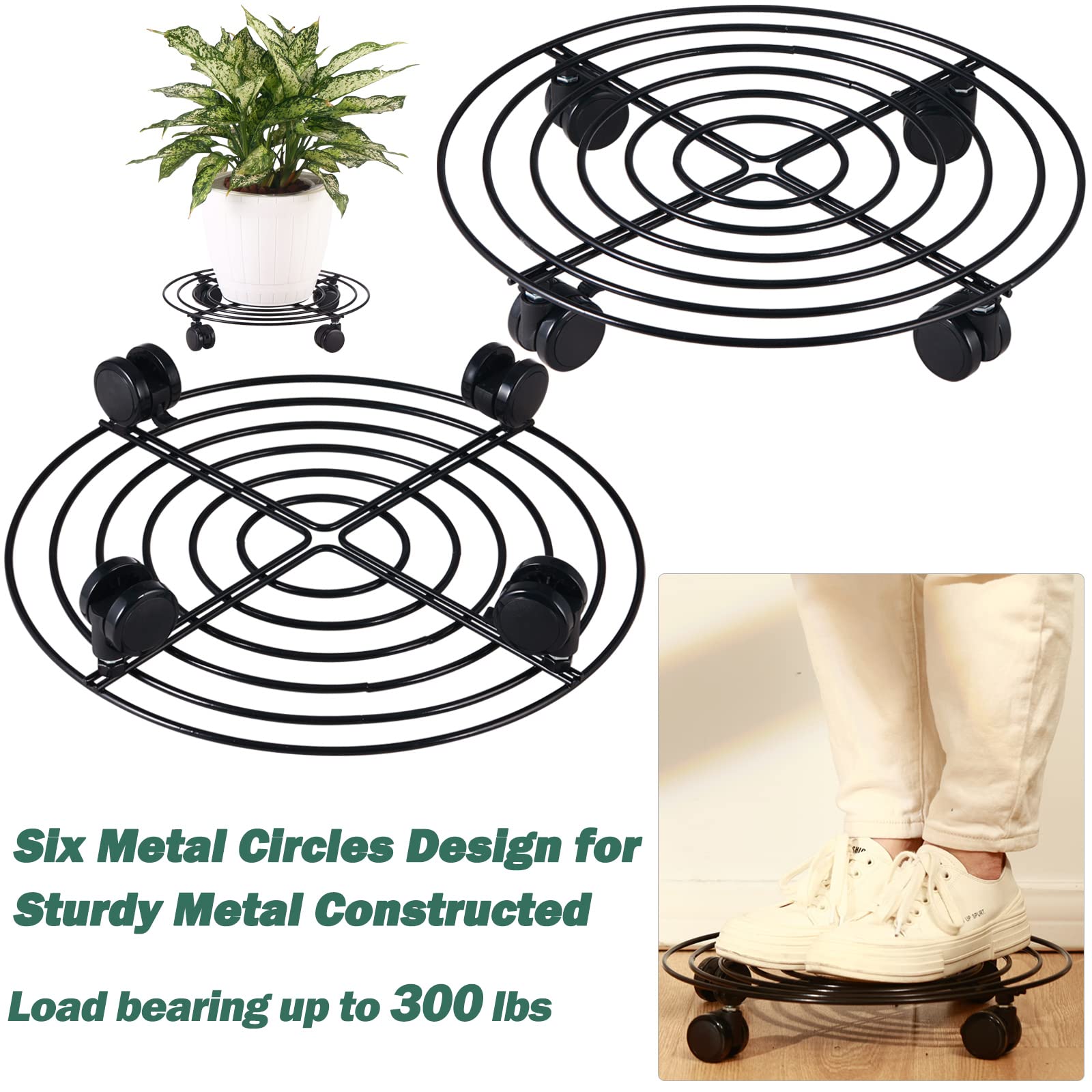 6 Packs Large Metal Plant Caddy with Wheels 14” Rolling Plant Stands Heavy-duty Wrought Iron Plant Roller Base Pot Movers Plant Saucer on Wheels Indoor Outdoor Plant Dolly with Casters Planter Tray