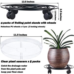 6 Packs Large Metal Plant Caddy with Wheels 14” Rolling Plant Stands Heavy-duty Wrought Iron Plant Roller Base Pot Movers Plant Saucer on Wheels Indoor Outdoor Plant Dolly with Casters Planter Tray