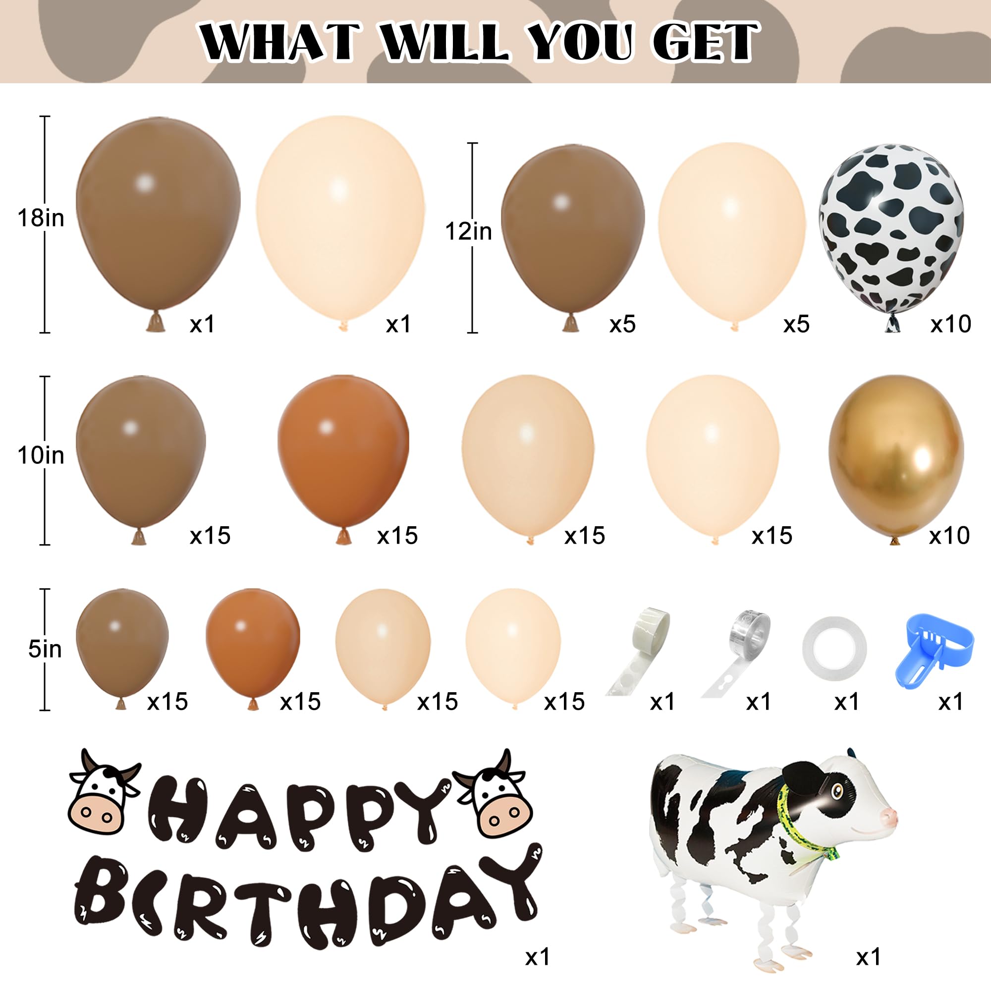 Brown Cow Balloons Garland Arch Kit, 158Pcs Neutral Brown Blush Cow Print Balloon Happy Birthday Banner for Western Cowboy Cowgirl Baby Shower Decorations Farm Animals Theme Birthday Party Supplies