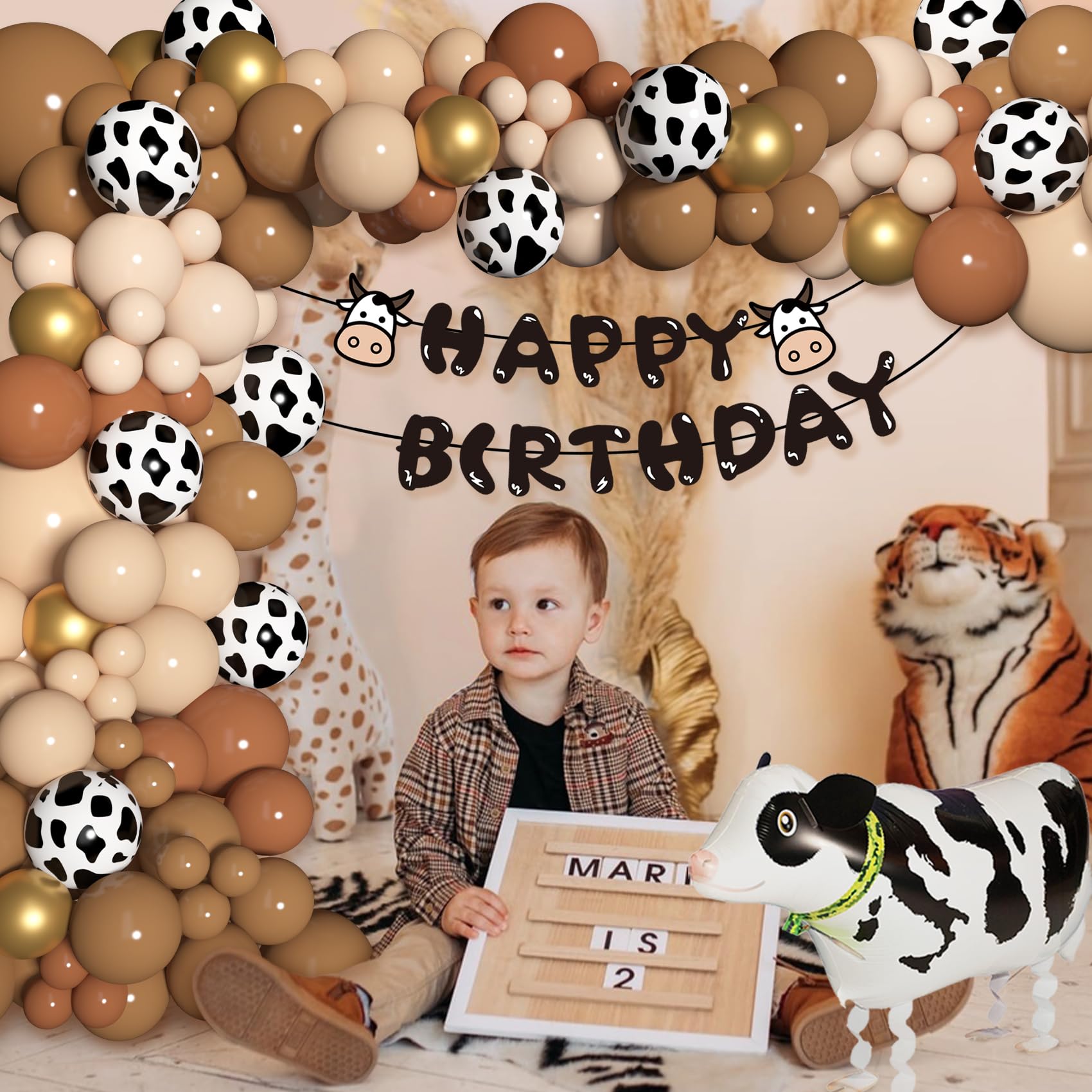 Brown Cow Balloons Garland Arch Kit, 158Pcs Neutral Brown Blush Cow Print Balloon Happy Birthday Banner for Western Cowboy Cowgirl Baby Shower Decorations Farm Animals Theme Birthday Party Supplies