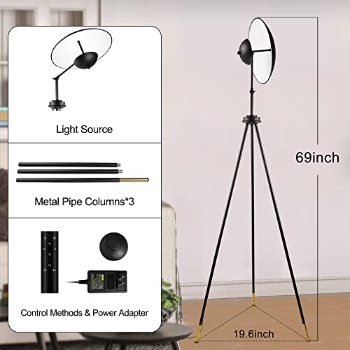 Hisoo Tripod Floor Lamp, Modern Remote Control Standing Lamp with Stepless Dimmable& Color, 69in Tall LED Floor Lamp, Black Industrial Floor Lamps for Living Room Bedroom Office Farmhouse Decor