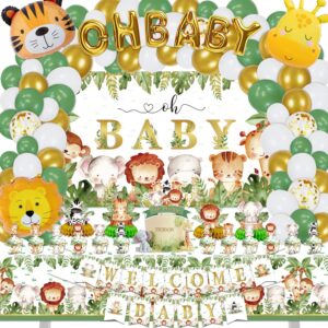 Safari Jungle Baby Shower Decorations, Jungle Animal Party Supplies Decor for Boy Girl Showers Birthdays with Banners Cake Topper Cupcake Topper Balloons Sash Corsage