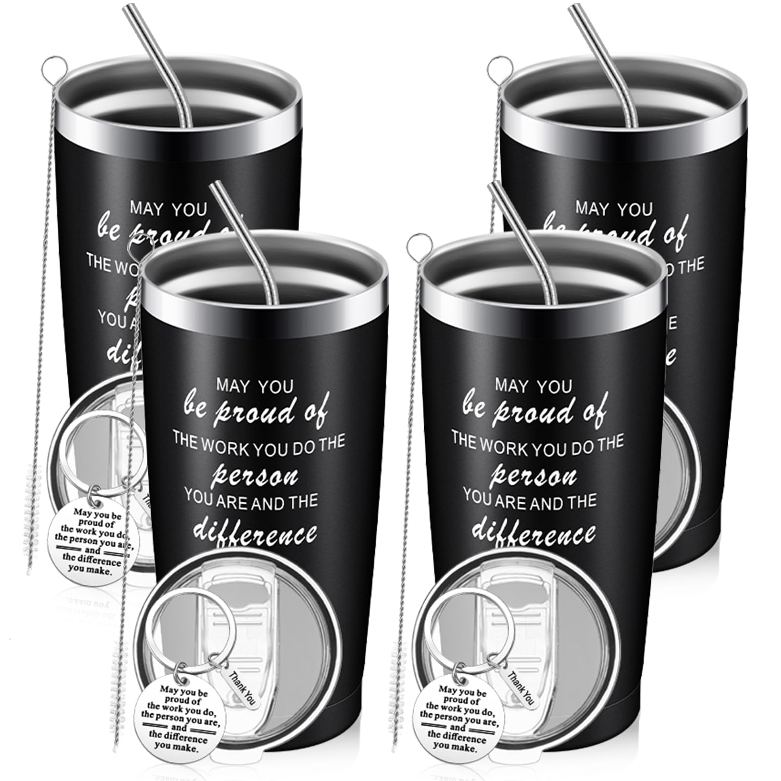 Rtteri 4 Sets Employee Appreciation Gifts for Coworkers Thank You Gifts for Men Includes 4 May You Be Proud Stainless Steel Black Tumbler and 4 Work Keychain Inspirational Wine Glasses for Male Men