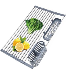 xl extra large expandable roll up with storage basket 22.8" x 12.7" over sink dish drying rack multi-purpose kitchen rolling dish drainer foldable stainless steel dish drying rack for kitchen