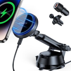 apps2car for magsafe car charger mount, 15w wireless car charger magnetic car phone holder mount charger dashboard windshield vent for iphone 15/14/13/12 series, fast charging, 17 strong magnets