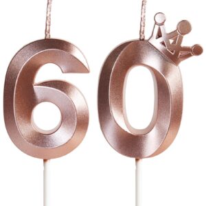 60th birthday candles for cake, number 60 rose gold candles with crown, 3d design birthday cake topper for women birthday party wedding anniversary celebration decorations supplies