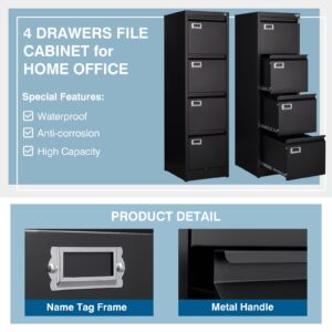 PEUKC 4 Drawer File Cabinet, Vertical Filing Cabinets with Lock, Metal File Cabinets for Home Office, Anti-Tip 4 Storage Drawers for Letter/Legal/A4/F4 Size (Assemble Required, Black)