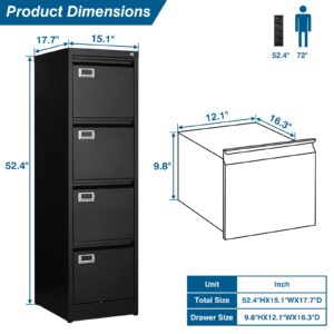 PEUKC 4 Drawer File Cabinet, Vertical Filing Cabinets with Lock, Metal File Cabinets for Home Office, Anti-Tip 4 Storage Drawers for Letter/Legal/A4/F4 Size (Assemble Required, Black)