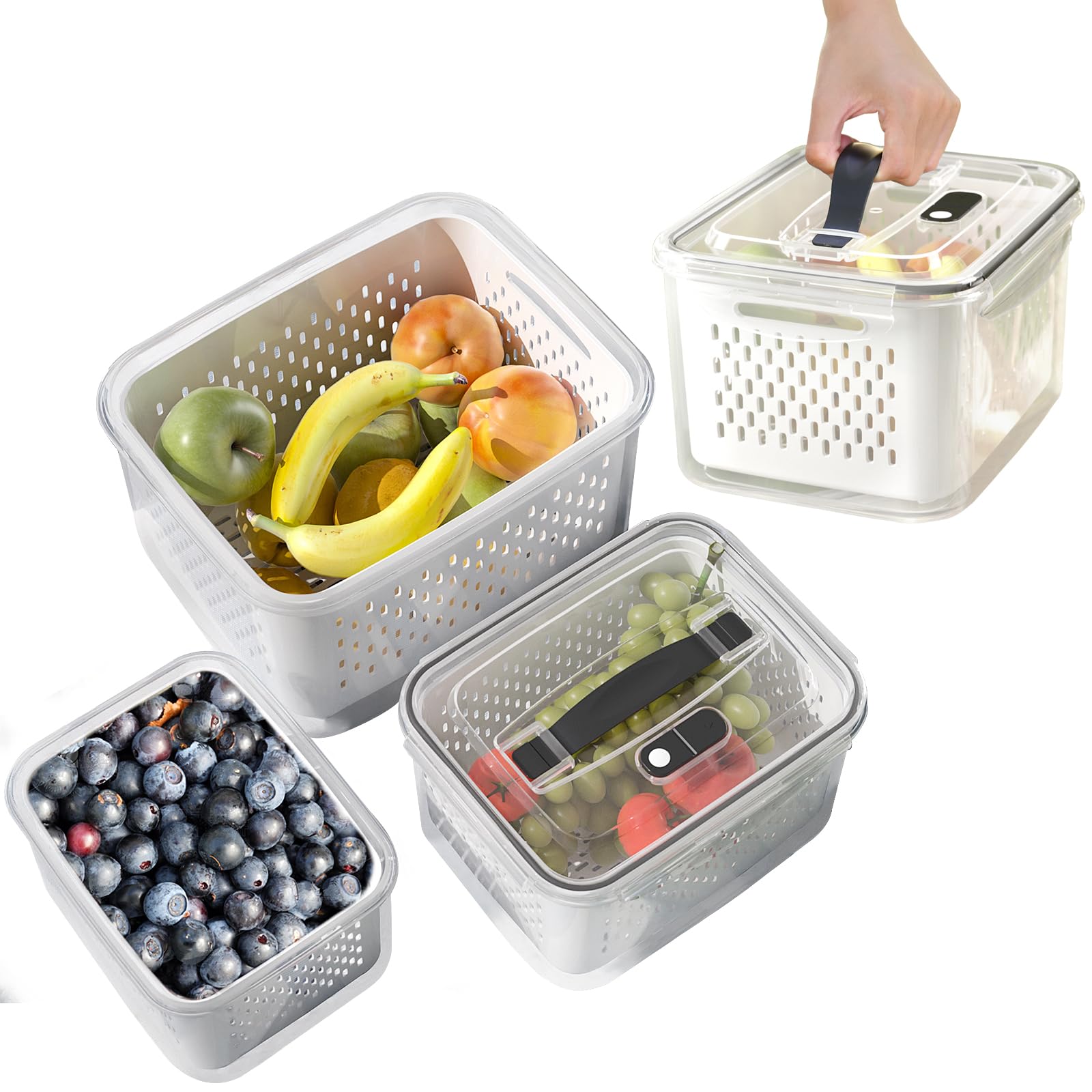 5 PCS Large Fruit Containers for Fridge - Stackable Airtight Food Storage Containers with Removable Colander - Dishwasher & microwave safe Produce Containers Keep Fruits,Berry, Vegetables, Fresh longe