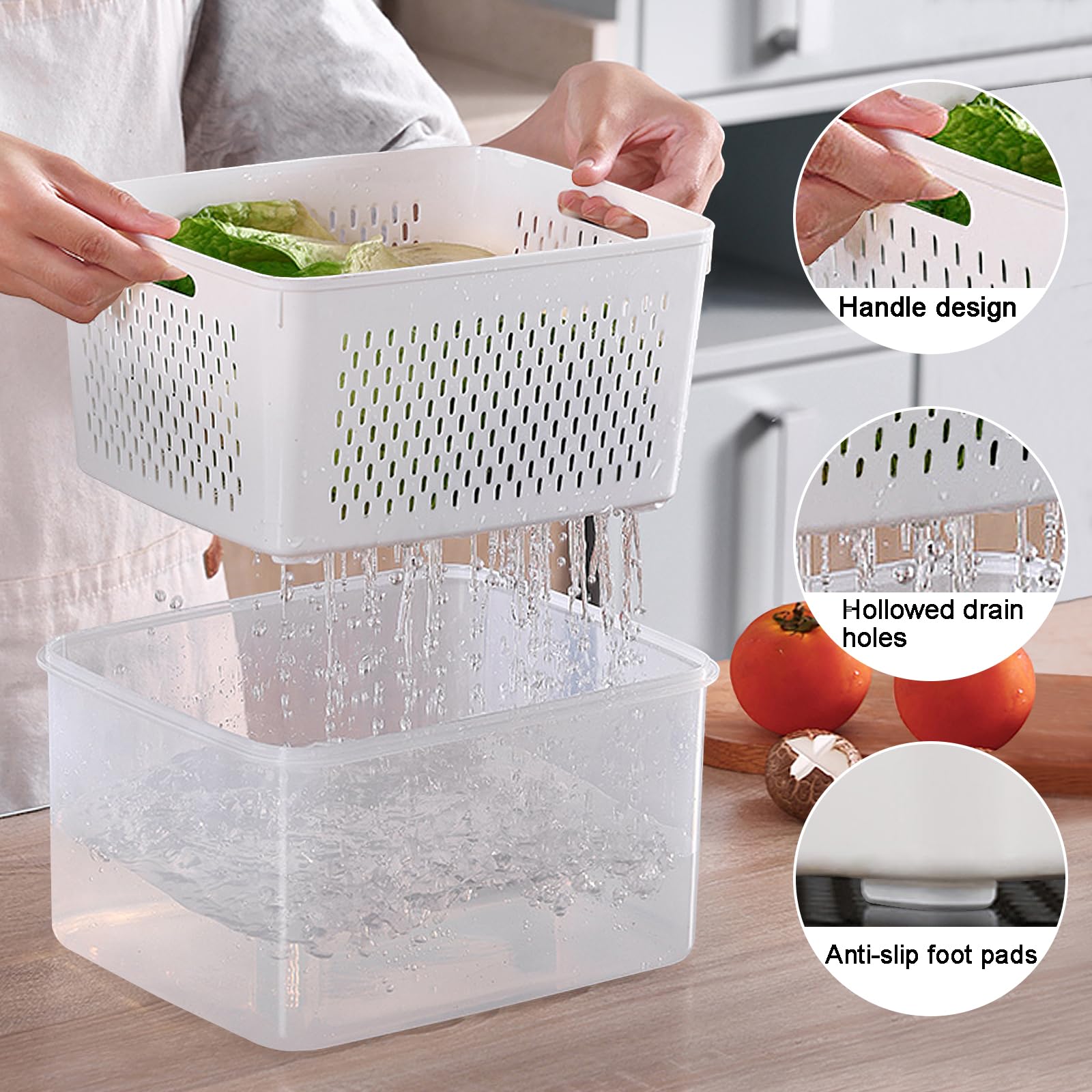 5 PCS Large Fruit Containers for Fridge - Stackable Airtight Food Storage Containers with Removable Colander - Dishwasher & microwave safe Produce Containers Keep Fruits,Berry, Vegetables, Fresh longe