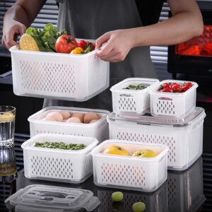 5 PCS Large Fruit Containers for Fridge - Stackable Airtight Food Storage Containers with Removable Colander - Dishwasher & microwave safe Produce Containers Keep Fruits,Berry, Vegetables, Fresh longe