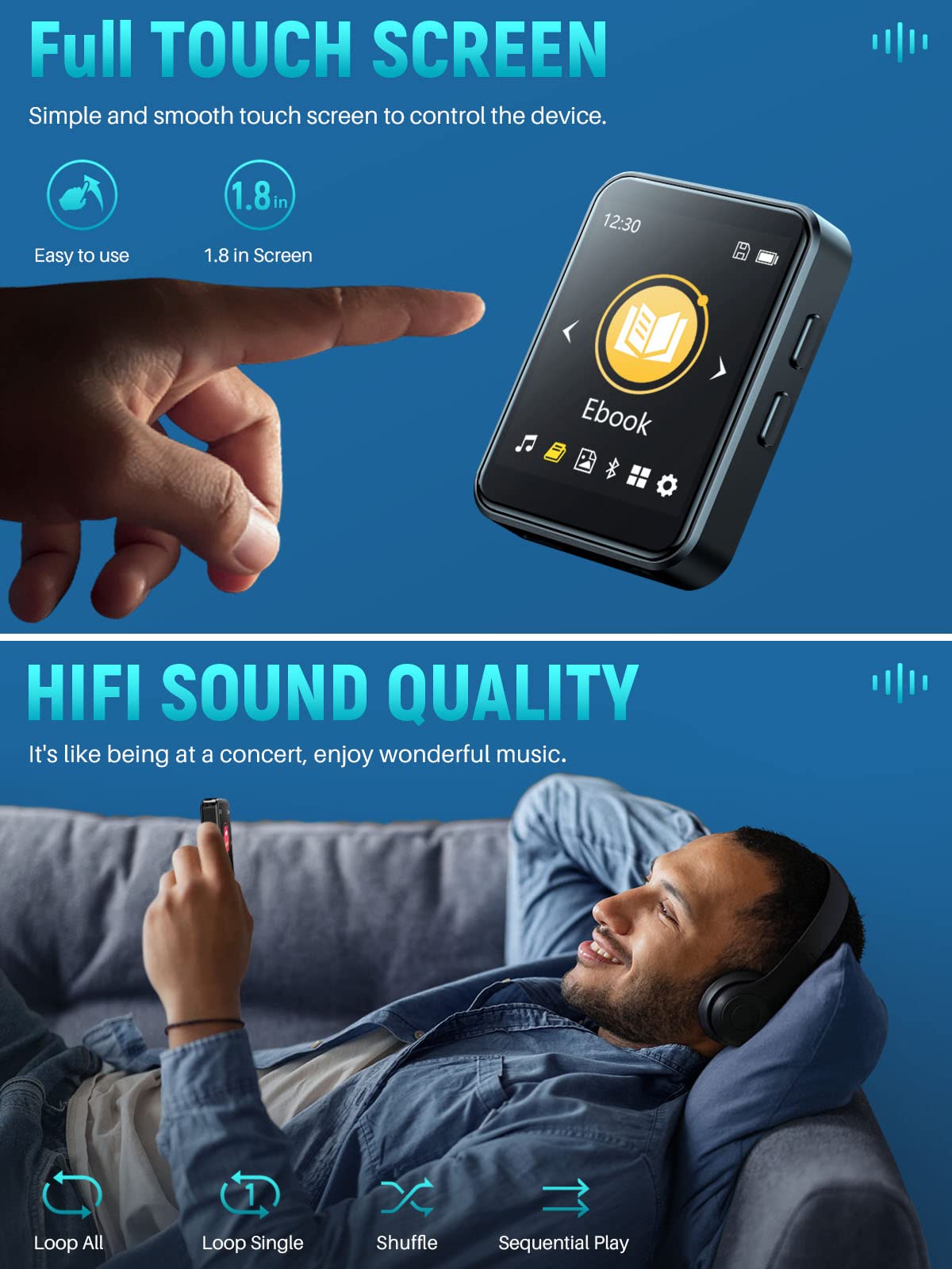 DONEST 64GB MP3 Player Bluetooth 5.2 Touch Screen Music Player with Speakers Lossless Sound Quality mp3 with FM Radio Recording E-Book 1.8 inch Screen Includes Back Clip/Player Case/Earphone/TF Card