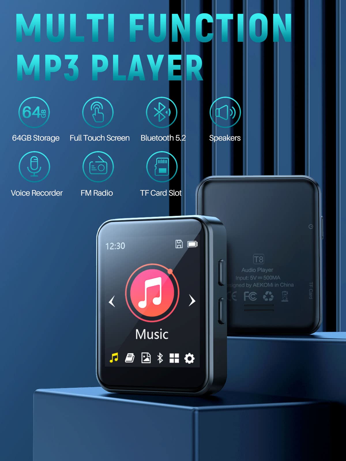 DONEST 64GB MP3 Player Bluetooth 5.2 Touch Screen Music Player with Speakers Lossless Sound Quality mp3 with FM Radio Recording E-Book 1.8 inch Screen Includes Back Clip/Player Case/Earphone/TF Card