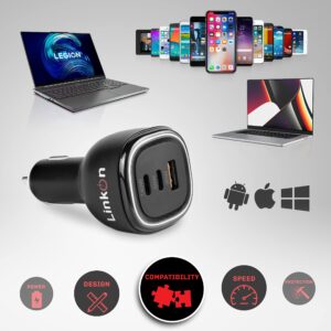 LinkOn 165W Car Charger with 140W PD3.1 USB-C and 30W QC3.0 UAB-A Compatible with MacBook Pro 16” 2021 Lenovo Legion 7 7i HP Dell Samsung Apple