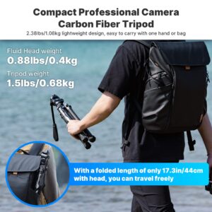 ULANZI F38 Video Travel Tripod, 61.4" Carbon Fiber Tripod w Quick Release Fluid Head, 2.38lbs Ultra Lightweight Portable Stable Professional Camera Photo Video Tripod, Load up to 22lbs, with Bag